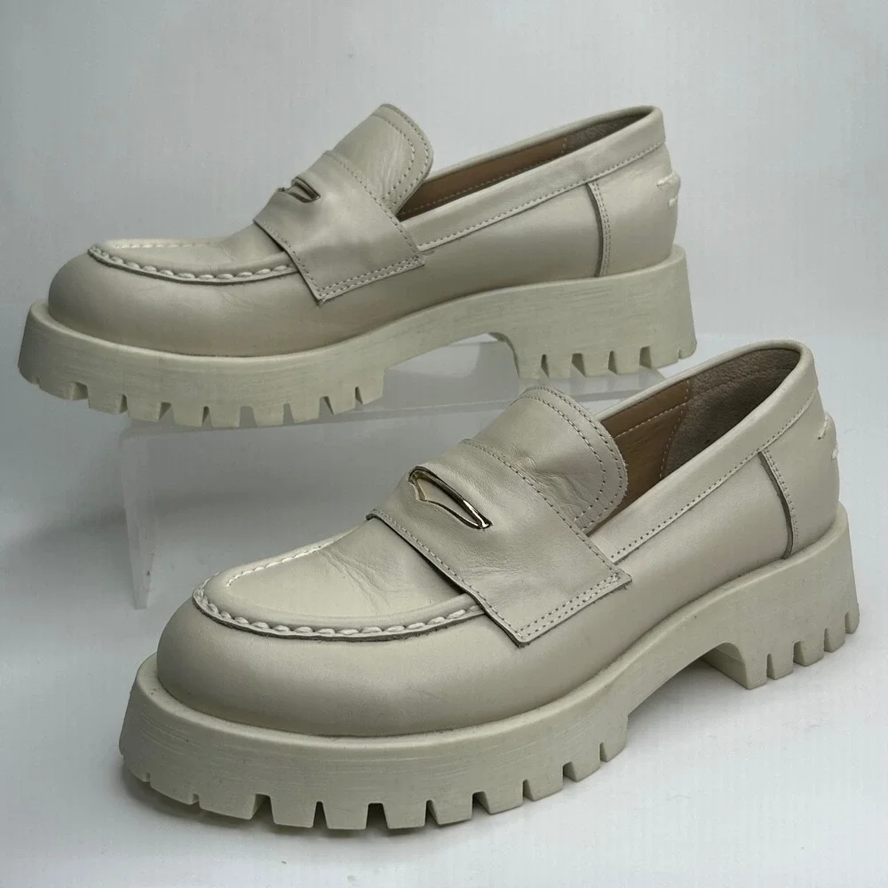 Steve Madden Lawrence Bone Leather Chunky Lug Sole Platform Loafers‎ 8M LAWR01S1